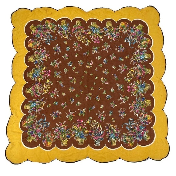 vintage scalloped Carol Stanley Floral Designer Scarf Silk Yellow Brown One Size - Picture 1 of 12